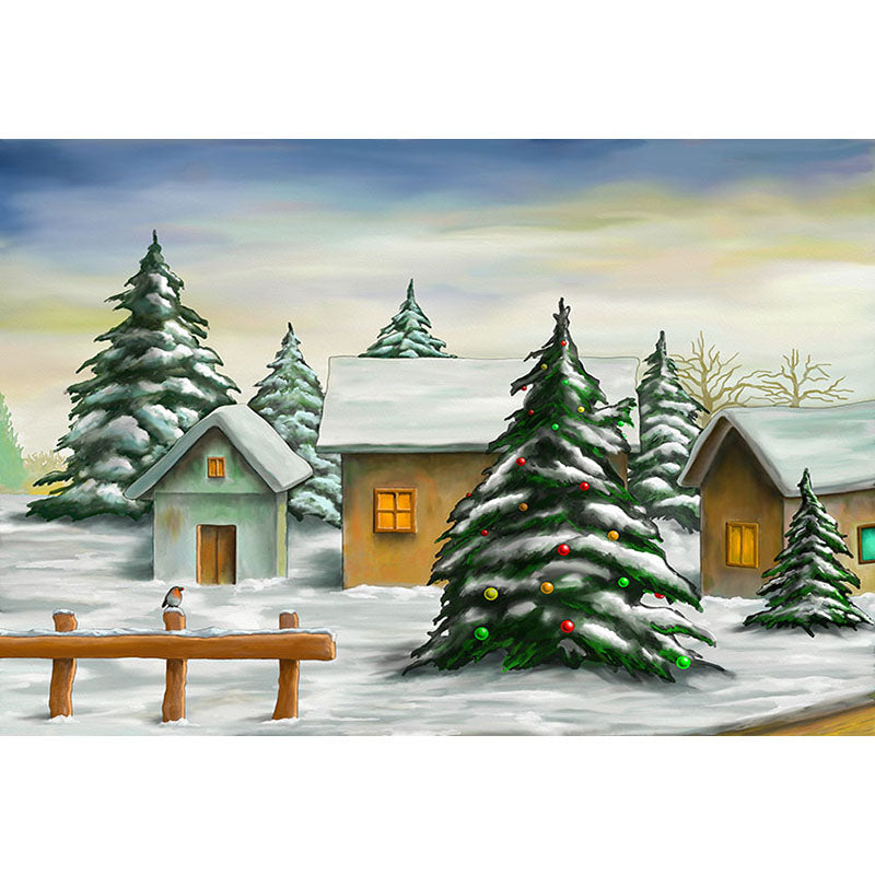 Avezano Cartoon Style Snowy Pine Trees And House Photography Backdrop-AVEZANO
