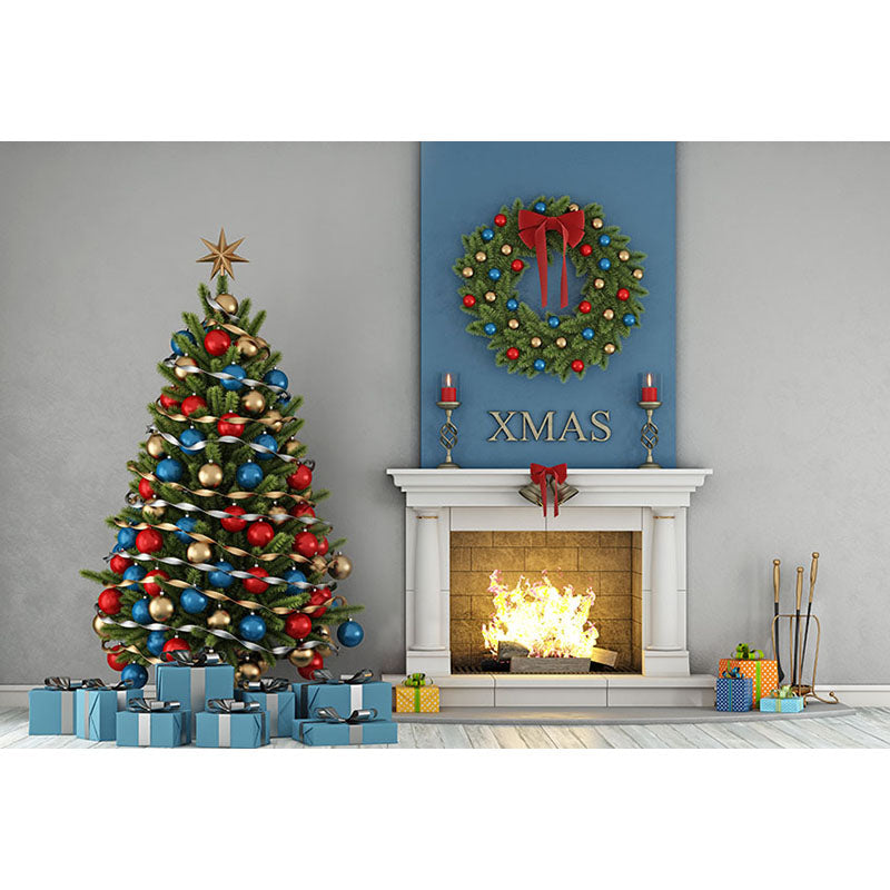 Avezano Colourful Christmas Tree And Fireplace Photography Backdrop For Christmas-AVEZANO