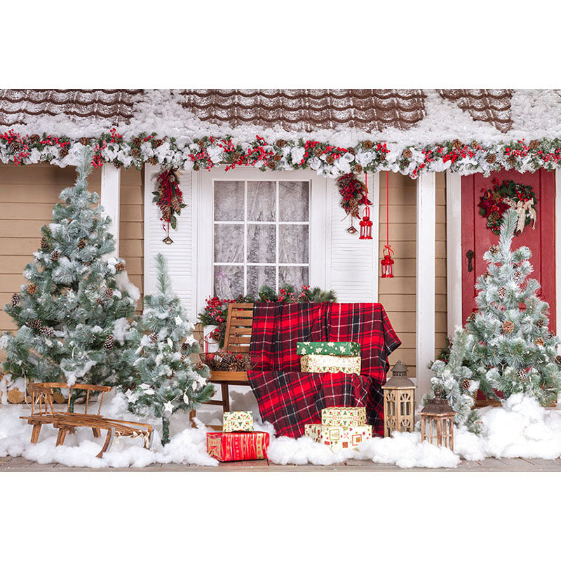 Avezano Christmas Trees and Chair in Front of the Door Photography Backdrop-AVEZANO
