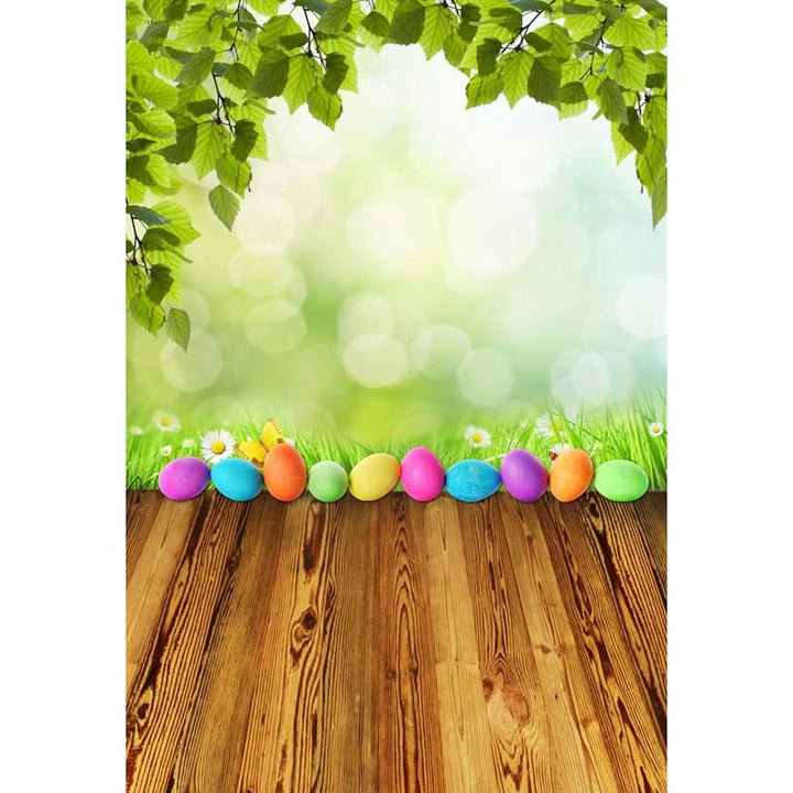Avezano Wood Floor With Colourful Eggs And Green Bokeh Photography Backdrop-AVEZANO