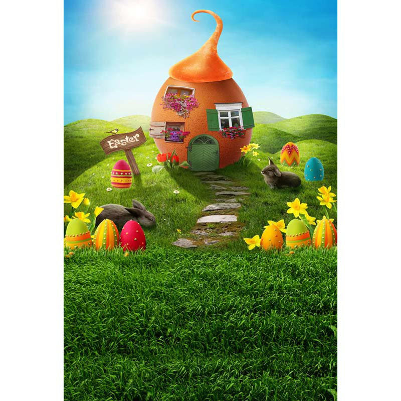 Avezano Green Lawn With Easter Eggs And House Photography Backdrop-AVEZANO