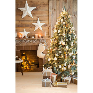 Avezano Wood Style Christmas Trees And Fireplace Photography Backdrop For Christmas-AVEZANO
