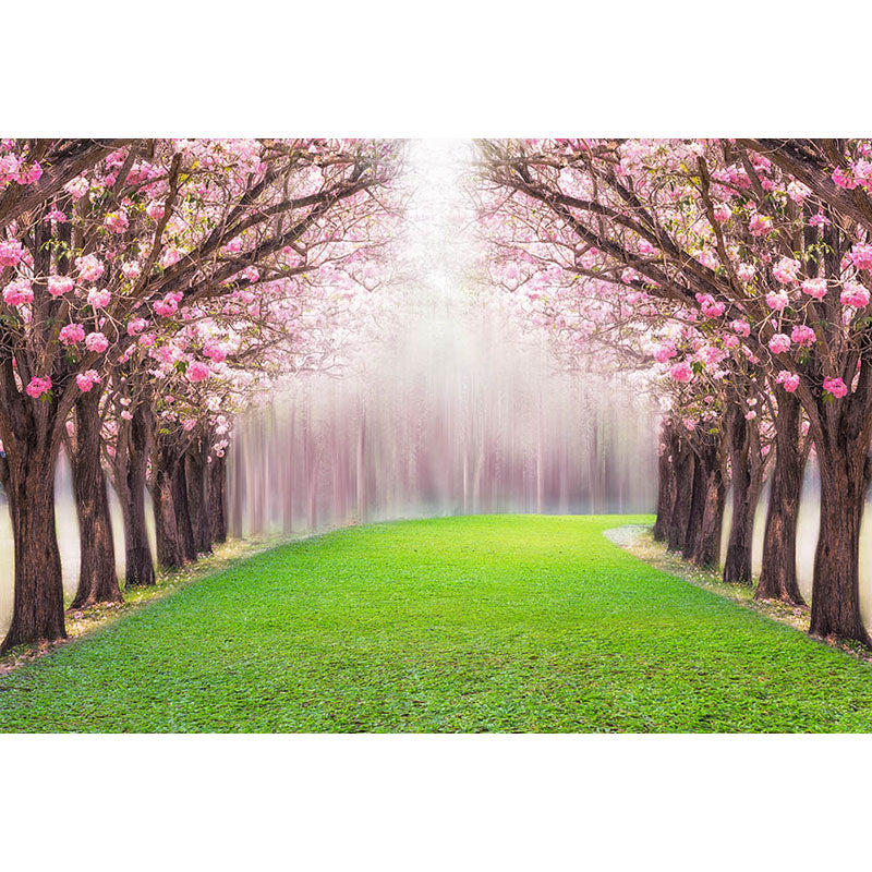 Avezano Long Lawns And Trees With Pink Flowers Spring Photography Backdrop-AVEZANO