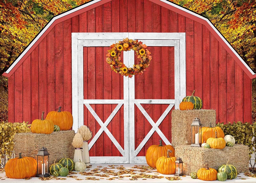 Avezano Red Farm Warehouse Barn Autumn Photography Backdrop-AVEZANO