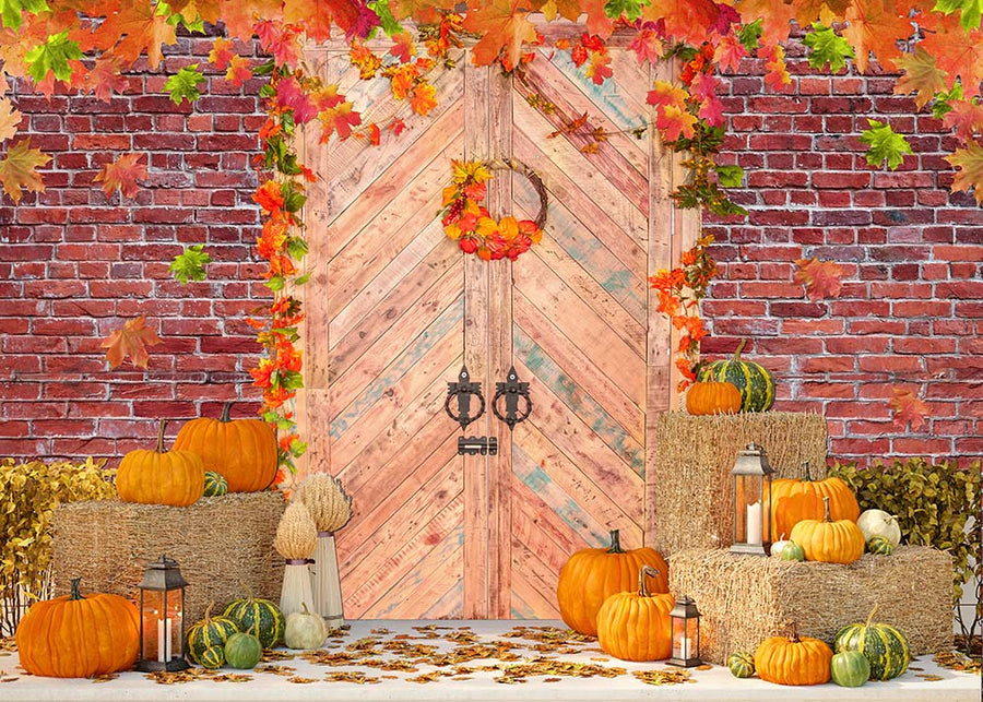 Avezano Wooden Door Brick Wall Autumn Photography Backdrop-AVEZANO