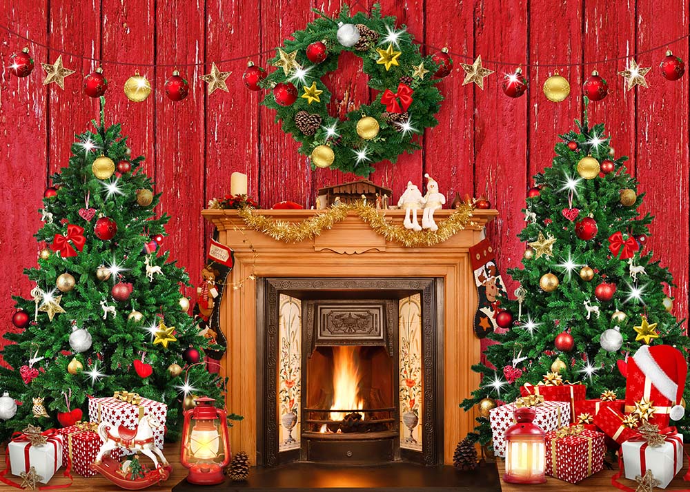 Avezano Christmas Wreath Trees Gifts Fireplace Backdrop For Photography-AVEZANO