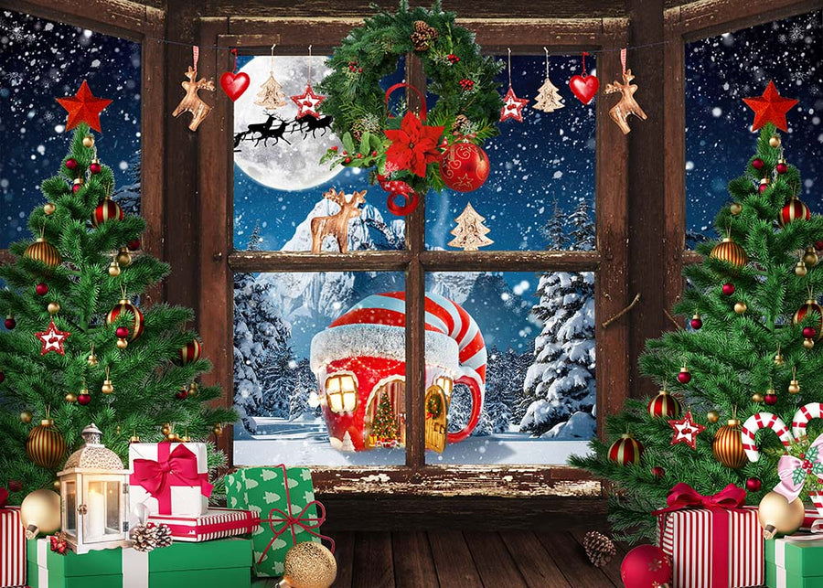 Avezano Christmas Trees Gifts Window Snowy Cup House Backdrop For Photography-AVEZANO