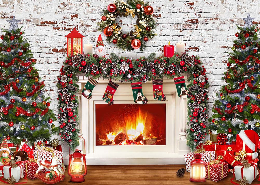 Avezano Christmas Fireplace Trees Gifts Backdrop For Photography-AVEZANO