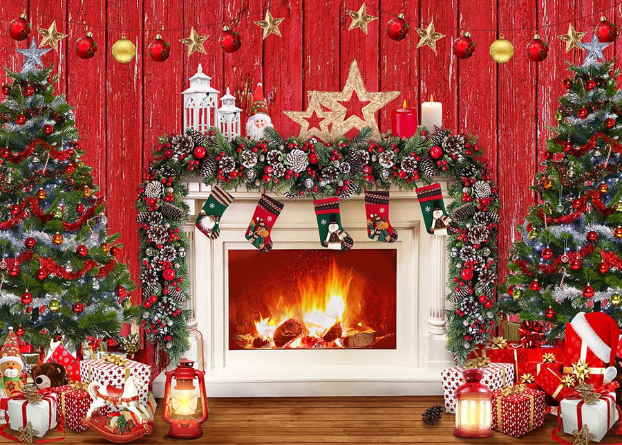 Avezano Christmas Red Wood Wall Fireplace Trees Gifts Backdrop For Photography-AVEZANO