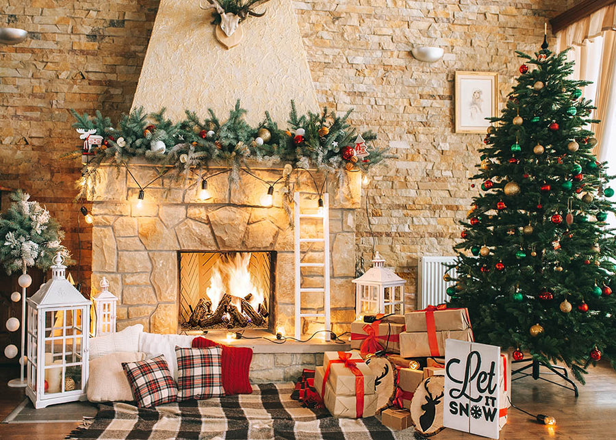 Avezano Christmas Fireplace Trees Living Room Backdrop for Photography-AVEZANO