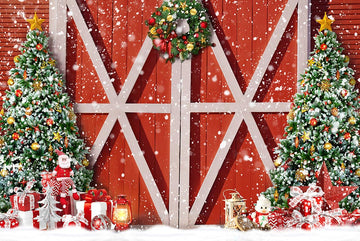 Avezano Christmas Trees Wreath Red Door Background Photography Backdrop-AVEZANO