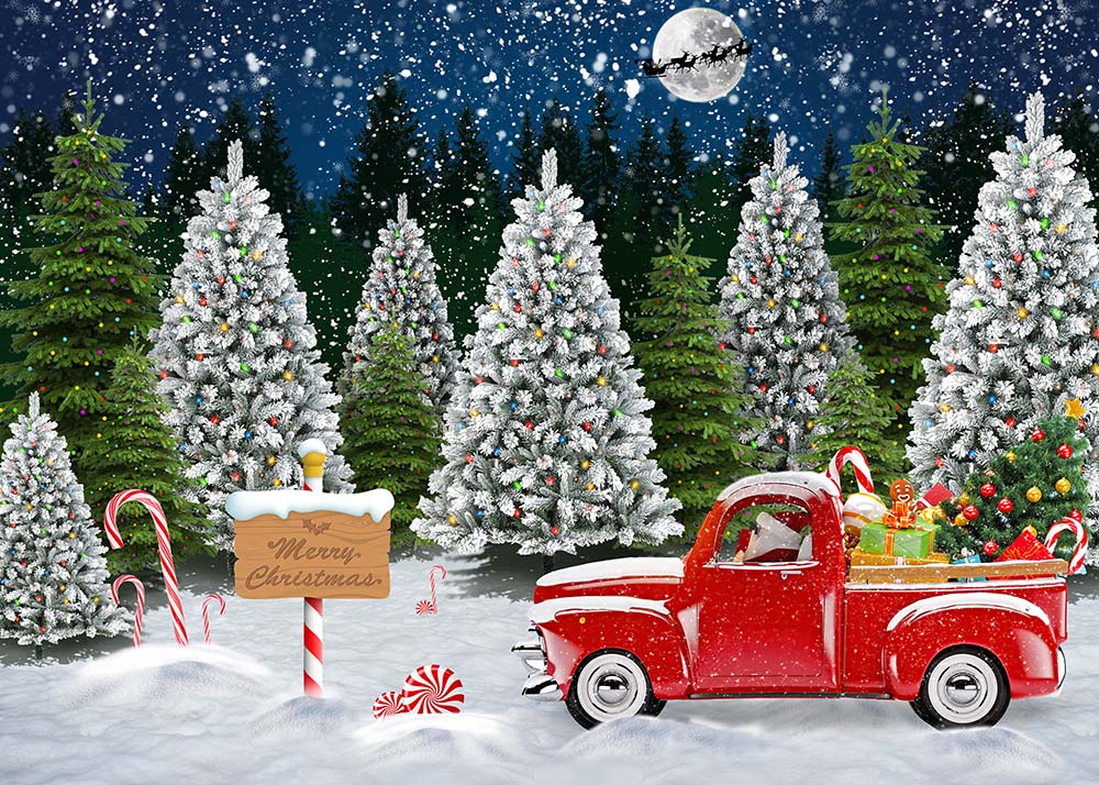 Avezano Red Pickup Truck Filled With Gifts In The Christmas Tree Forest Photography Backdrop-AVEZANO