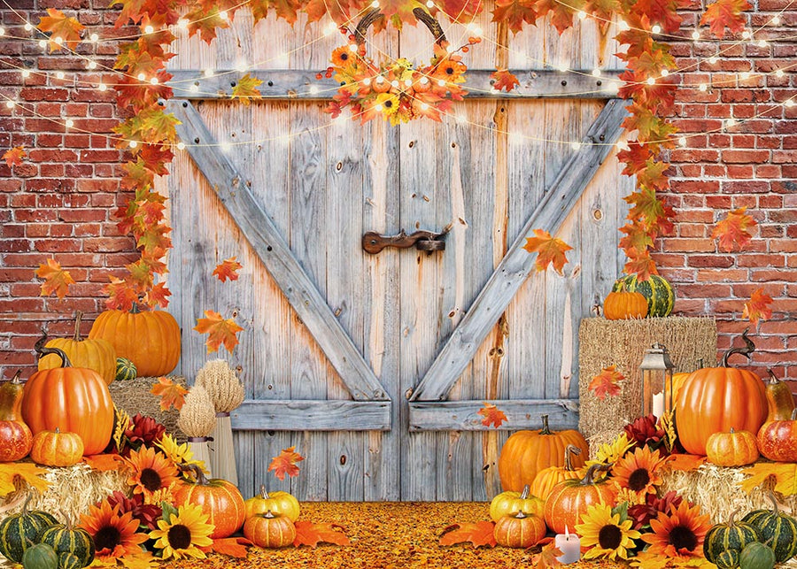Avezano Pumpkin Maple Leaf Wooden Door Autumn Photography Backdrop-AVEZANO