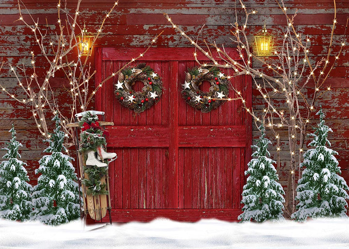 Avezano Christmas Wreath on Red Wooden Door in Snow Backdrop for Photography-AVEZANO