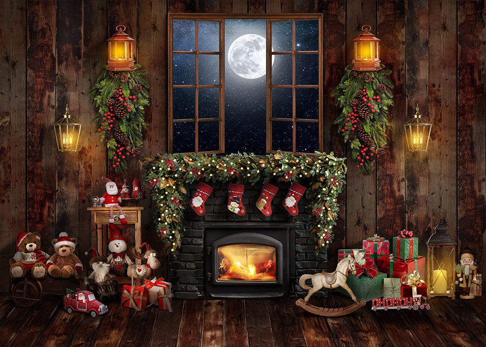 Avezano Christmas Fireplace Gifts Photography Backdrop-AVEZANO