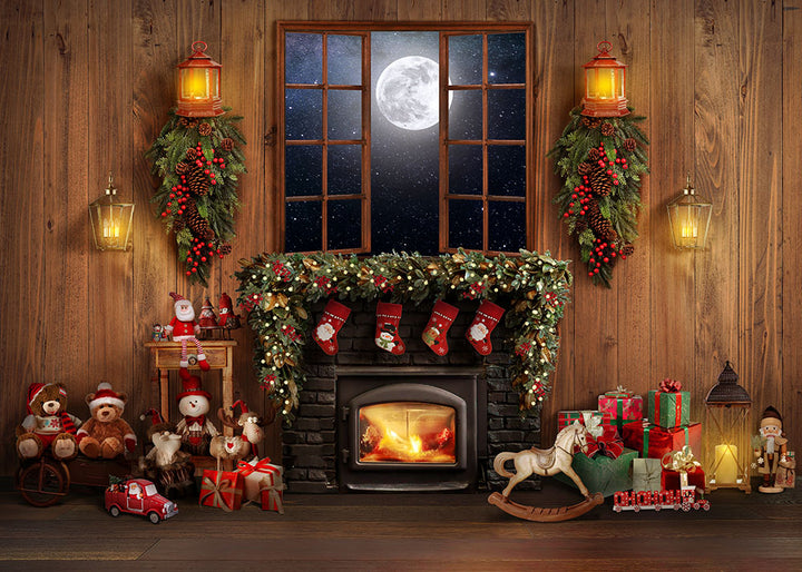 Avezano Wood Wall Christmas Fireplace Photography Backdrop-AVEZANO