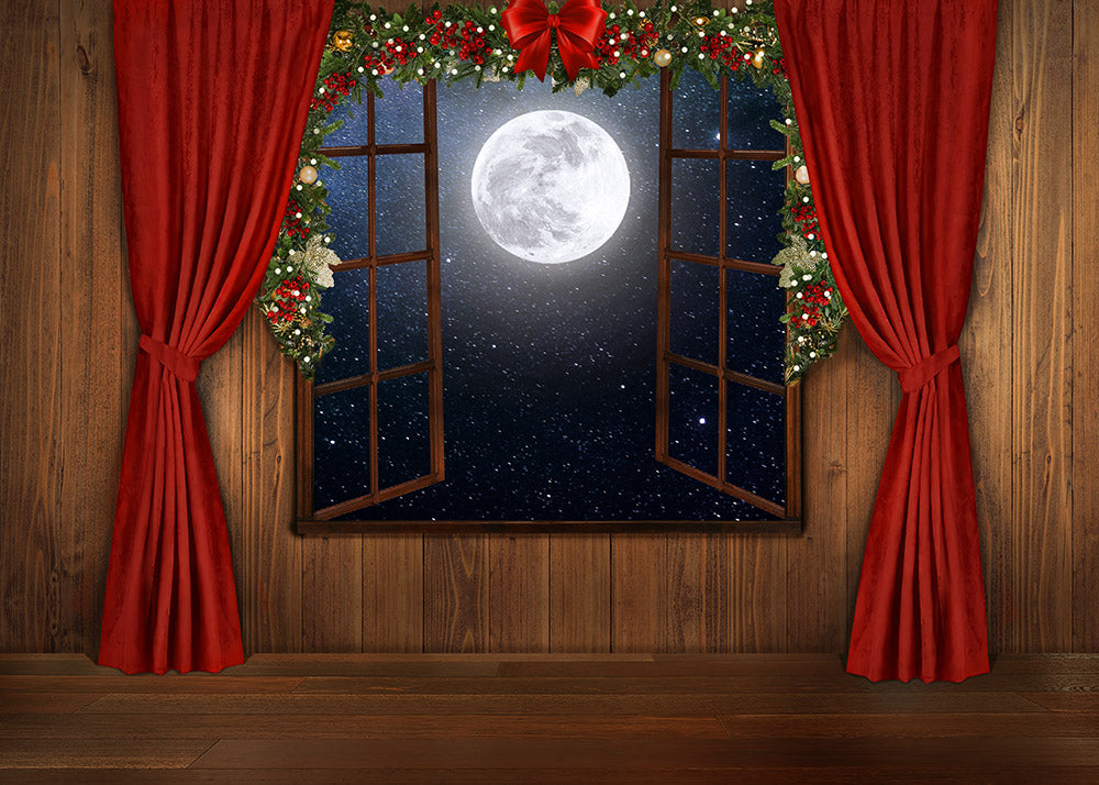 Avezano Wood Wall Christmas Window Photography Backdrop-AVEZANO