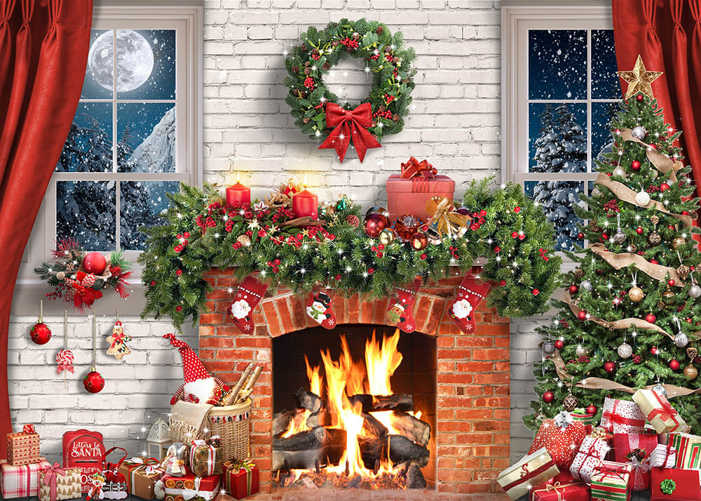 Avezano Mistletoe Decorated Fireplace And Christmas Gifts Photography Backdrop-AVEZANO