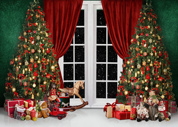 Avezano Christmas Tree Gift Red Curtain Photography Backdrop-AVEZANO