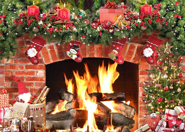 Avezano Christmas Gifts And Burning Fireplace Photography Backdrop-AVEZANO