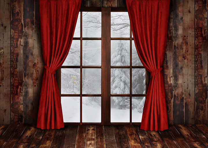 Avezano Wooden Windows With Red Curtains Christmas Photography Backdrop-AVEZANO
