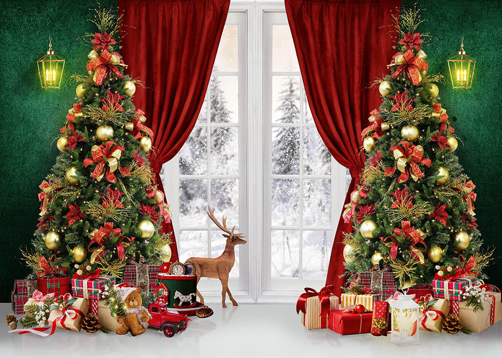 Avezano White Window with Red Curtains and Christmas Gifts Photography Backdrop-AVEZANO