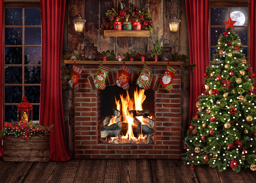 Avezano Christmas Eve Fireplace Decoration Photography Backdrop-AVEZANO