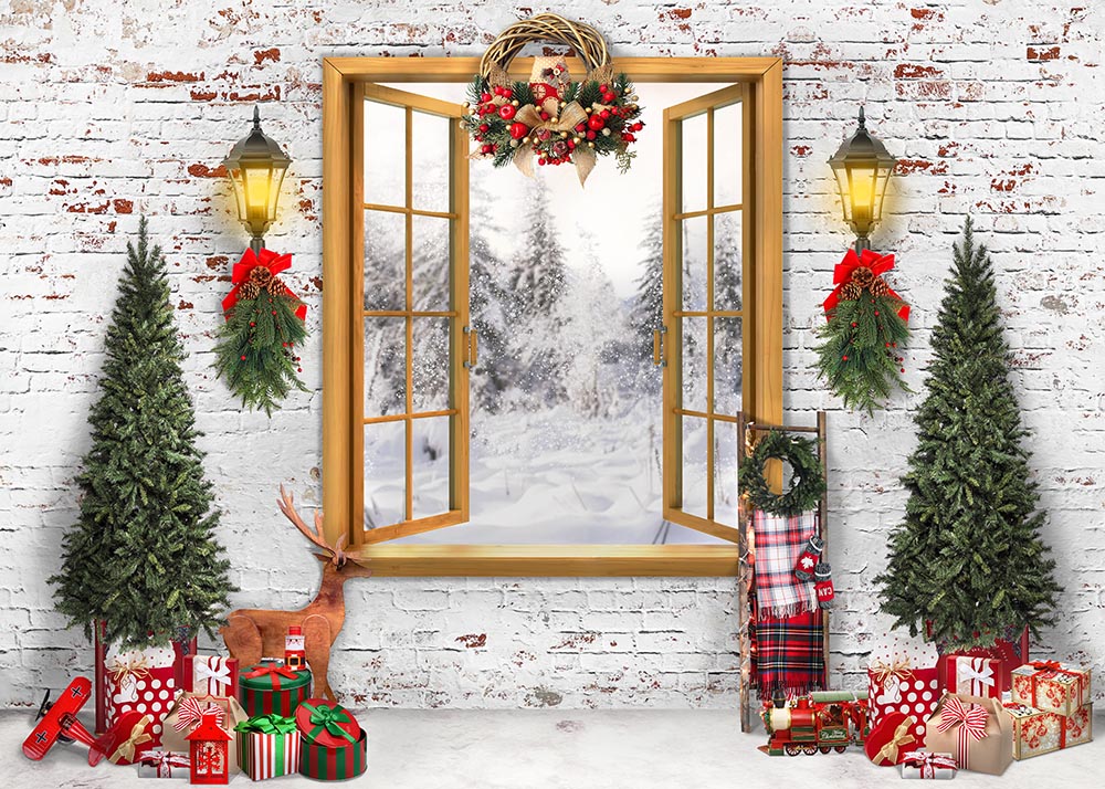Avezano Brick Walls and Windows with Christmas Decorations Photography Backdrop-AVEZANO