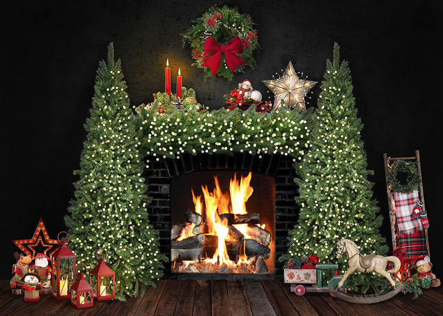 Avezano Christmas Tree and Fireplace Indoor Photography Backdrop-AVEZANO