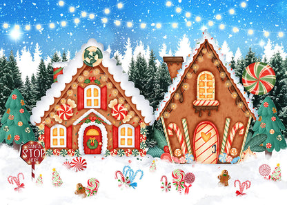 Avezano Santa Stop Here Candy House Christmas Photography Backdrop-AVEZANO