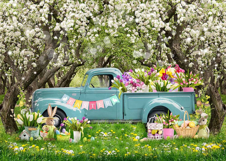 Avezano Spring Truck With Flowers & Easter Bunnies Photography Backdrop-AVEZANO
