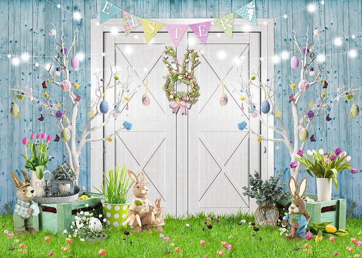 Avezano White Wooden Doors and Decorations Spring Easter Photography Backdrop-AVEZANO