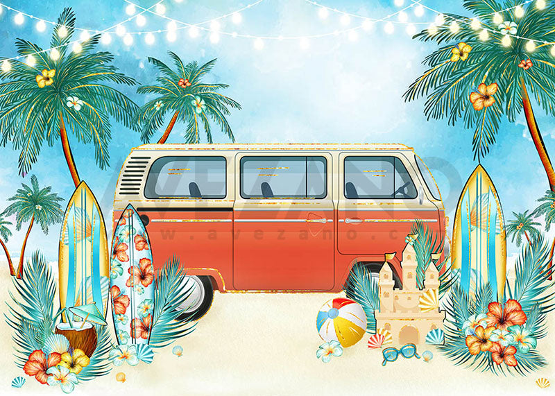 Avezano Summer Beach and Bus Photography Backdrop-AVEZANO