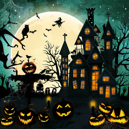 Avezano Witch'S Castle Green Sky Halloween Backdrop for Photography