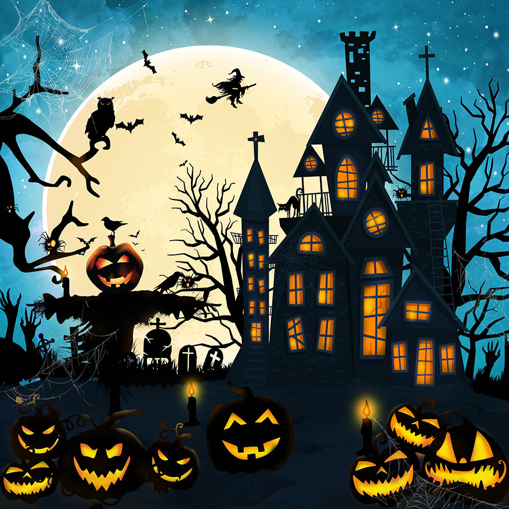 Château de sorcière d'Avezano Ciel bleu Toile de fond d'Halloween pour la photographie 