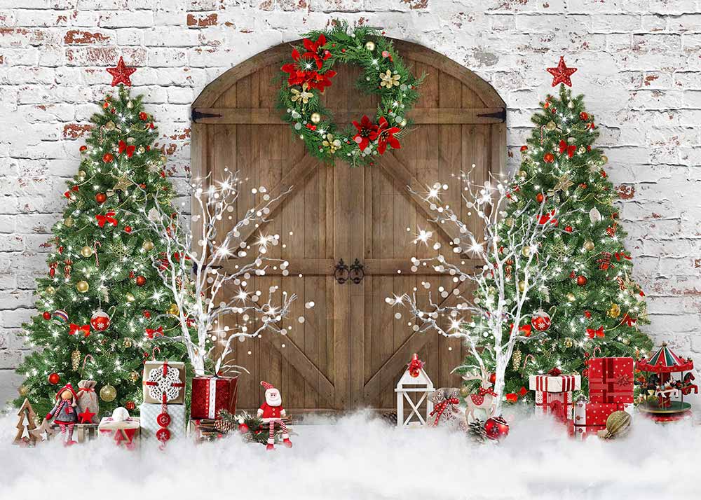 Avezano Wooden Door and Christmas Tree Photography Backdrop-AVEZANO