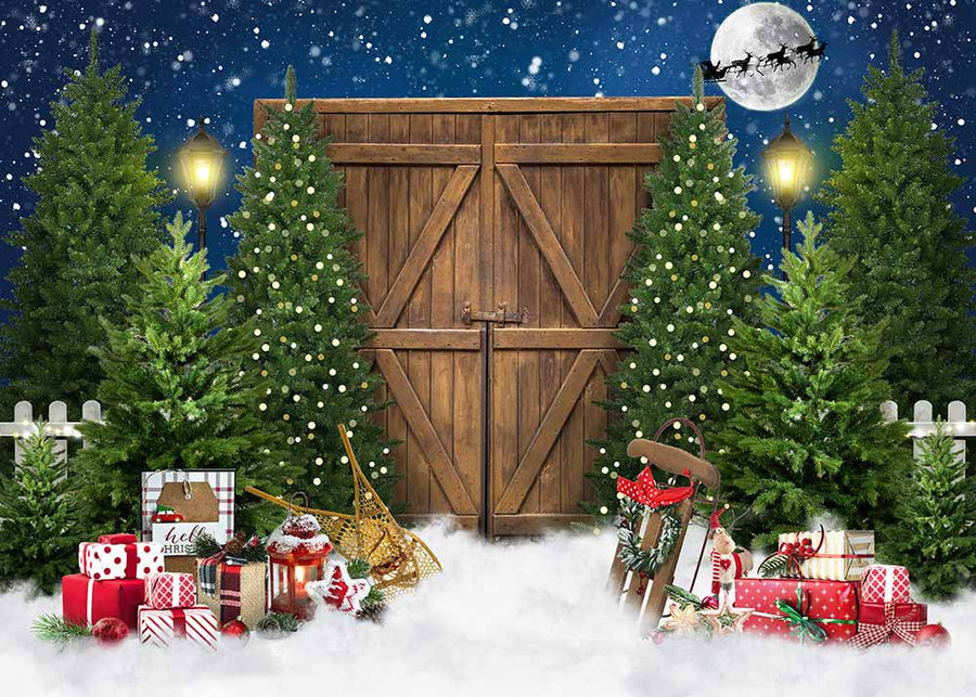 Avezano Wooden Doors and Gifts Under Christmas Eve Photography Backdrop-AVEZANO