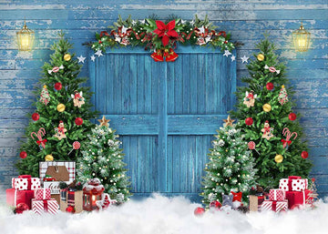 Avezano Blue Wooden Door and Christmas Tree Photography Backdrop-AVEZANO