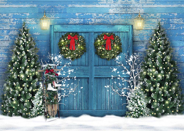 Avezano Christmas Blue Wooden Door Photography Background-AVEZANO