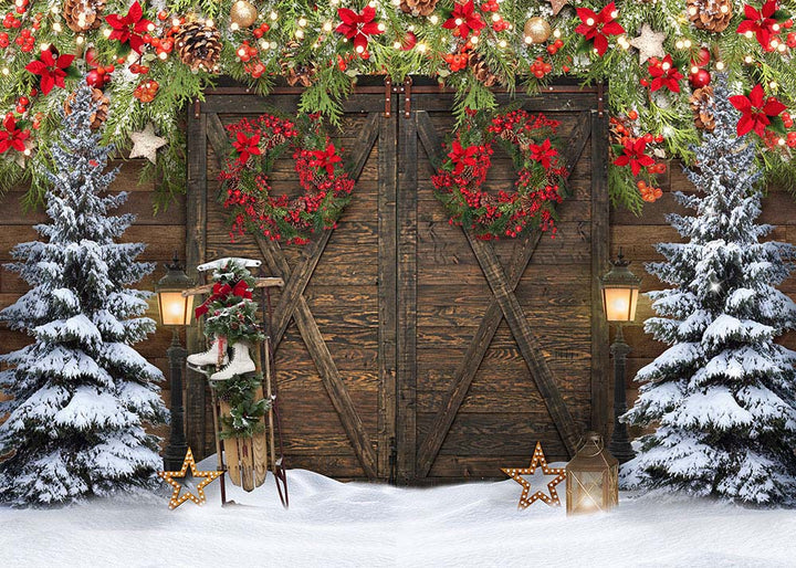 Avezano Christmas Beautiful Flowers And Wooden Door Photography Background-AVEZANO