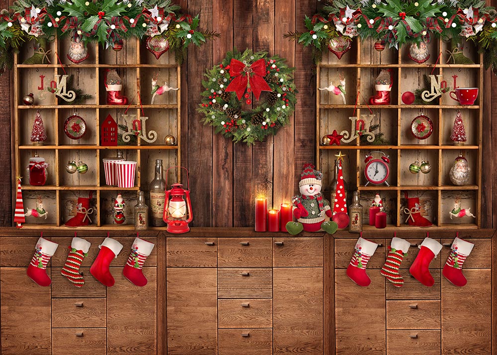 Avezano Christmas Wooden Cabinet Gift Window Photography Backdrop-AVEZANO