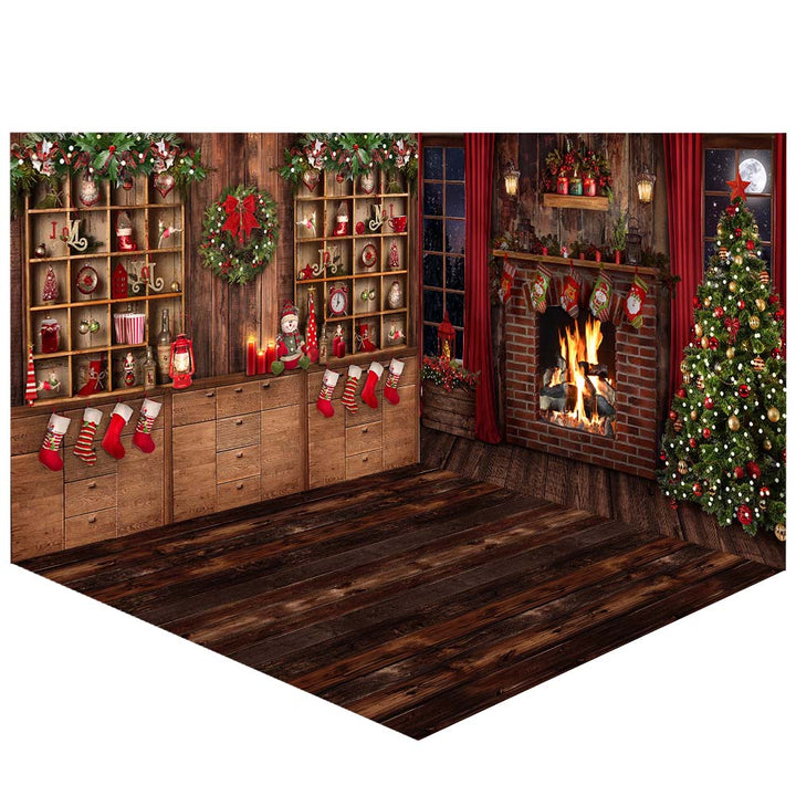 Avezano Christmas Fireplace and Gift Window Photography Backdrop Room Set-AVEZANO