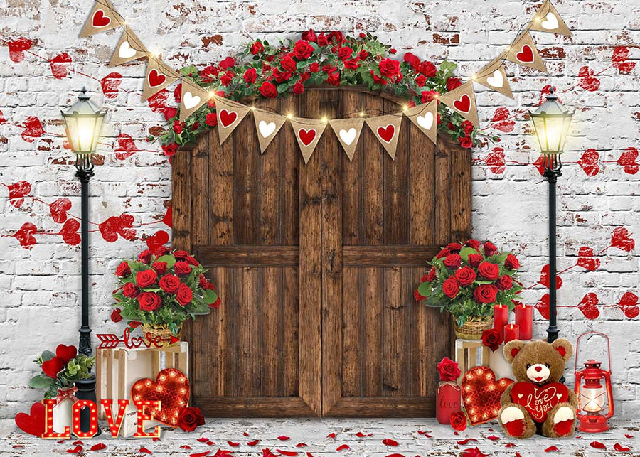 Avezano Wooden Door and Roses Valentine'S Day Photography Backdrop