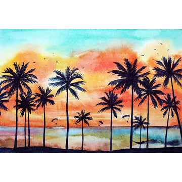 Avezano Summer Silhouette Of Coconut Tree In Painting Style Photography Backdrop-AVEZANO