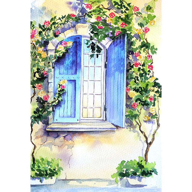 Avezano Watercolour Blue Window Backdrop With Plant For Portrait Photography-AVEZANO