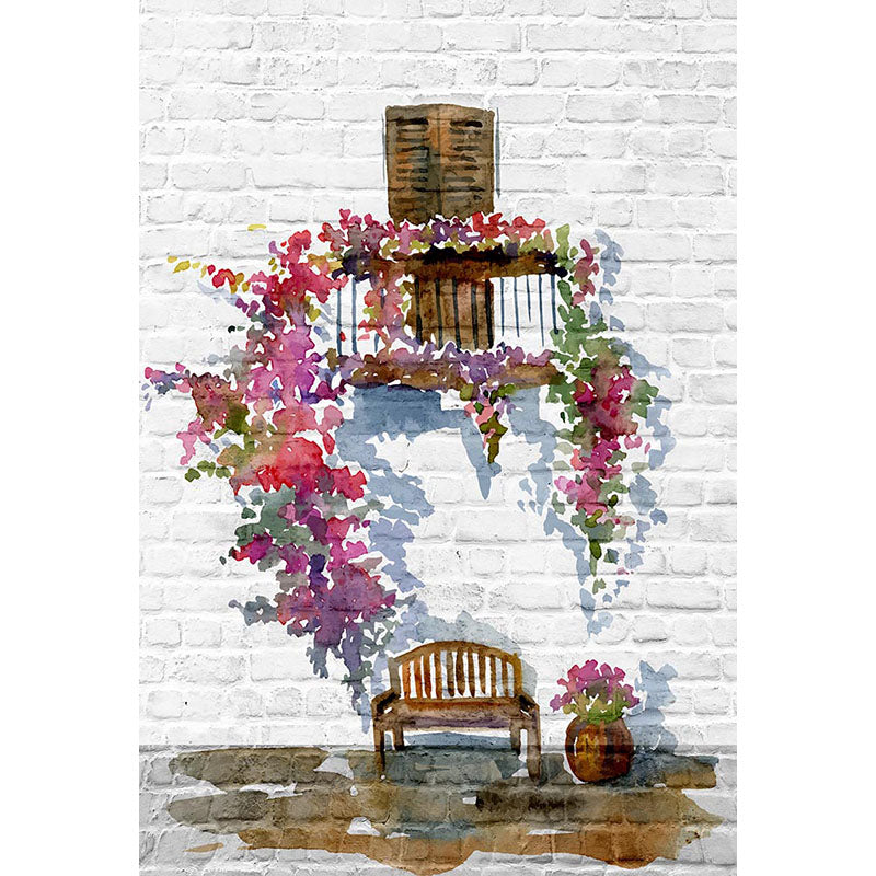 Avezano Watercolour Painting Brick Wall Texture Backdrop With Flowers And Window For Photography-AVEZANO