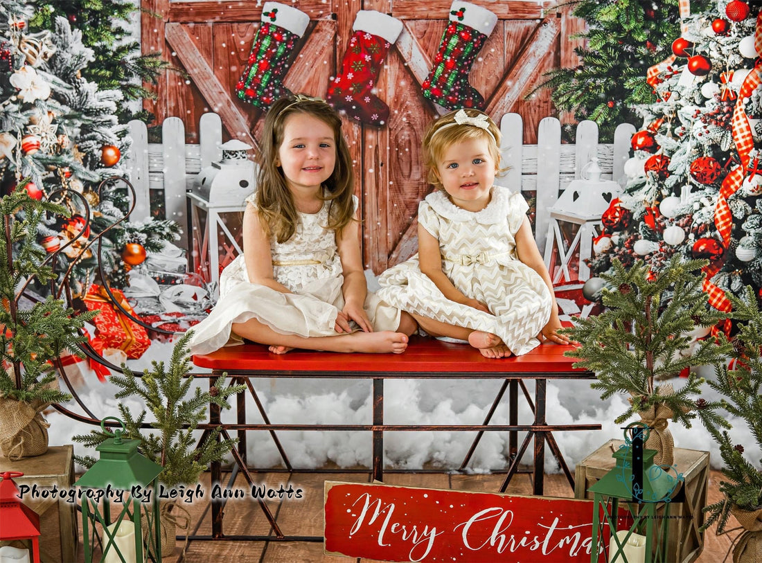 Avezano Christmas Trees and Wooden Door Backdrop for Photography-AVEZANO