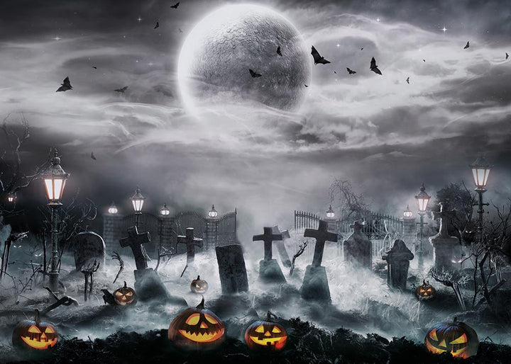 Avezano Halloween Grave Under The Full Moon Photography Backdrop-AVEZANO
