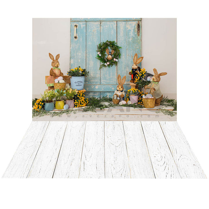 Avezano Easter Blue Wooden Door and Wreath 2 pcs Set Backdrop-AVEZANO