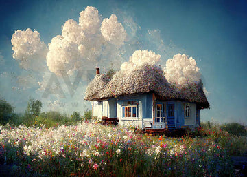 Avezano House of Flowers and Clouds Oil Painting Photography Background-AVEZANO